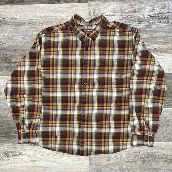 Eddie Bauer Red Yellow Tartan Plaid Mens 2XL Long Sleeve Flannel Button Up Shirt - Picture 2 of 10